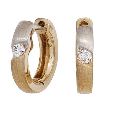 SIGO Creolen rund 585 Gold Gelbgold bicolor matt 2 Diamanten Brillanten Ohrringe