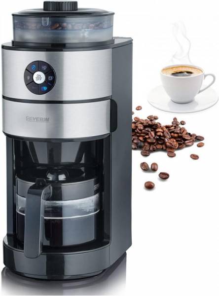 SEVERIN Kaffeeautomat mit Mahlwerk und Glaskanne, Für Kaffeebohnen und Filterkaffee, Timerfunktion,