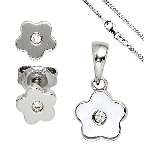 SIGO Kinder Schmuck-Set Blume 925 Silber mit Zirkonia Anhänger Ohrringe Kette 38 cm