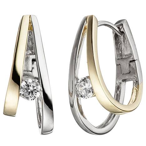 SIGO Creolen 925 Sterling Silber bicolor vergoldet 2 Zirkonia Ohrringe