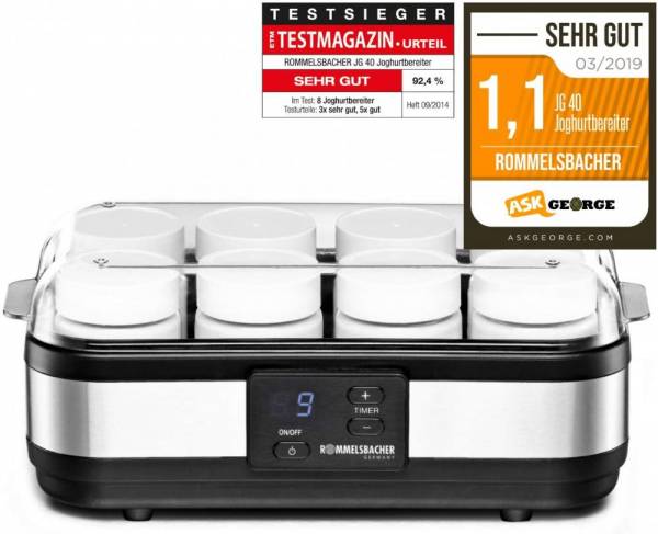 ROMMELSBACHER Joghurtbereiter JG 40 - für bis zu 1200 g Joghurt, LCD Display, 18 Stunden Zeitschaltu