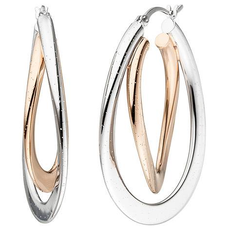 SIGO Creolen oval 925 Silber bicolor vergoldet Ohrringe mit Glitzereffekt