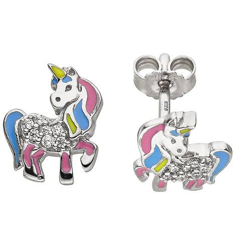 SIGO Kinder Ohrstecker Einhorn 925 Silber 14 Zirkonia Ohrringe Kinderohrringe