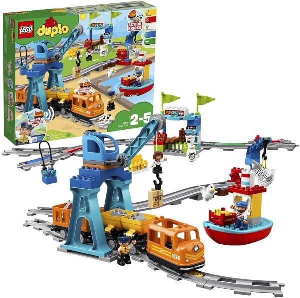 LEGO 10875 DUPLO Güterzug, „Push & Go“-Lok mit Lichtern und Geräuschen, Funktionssteinen und 2 Krane